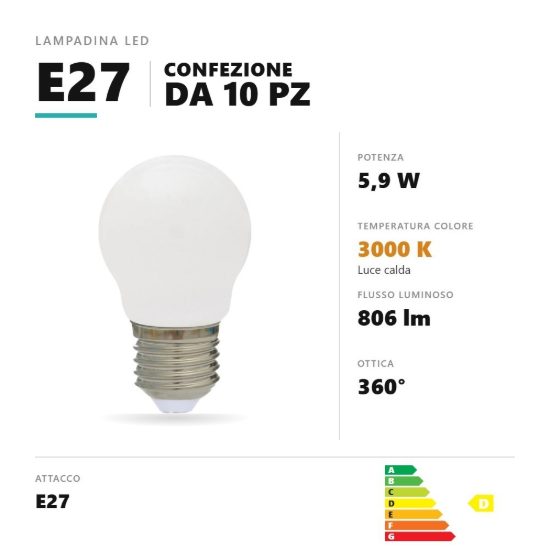 Lampadina e27 led filamento 5,9w a sfera 3000k bianco confezione 10 pezzi gea luce