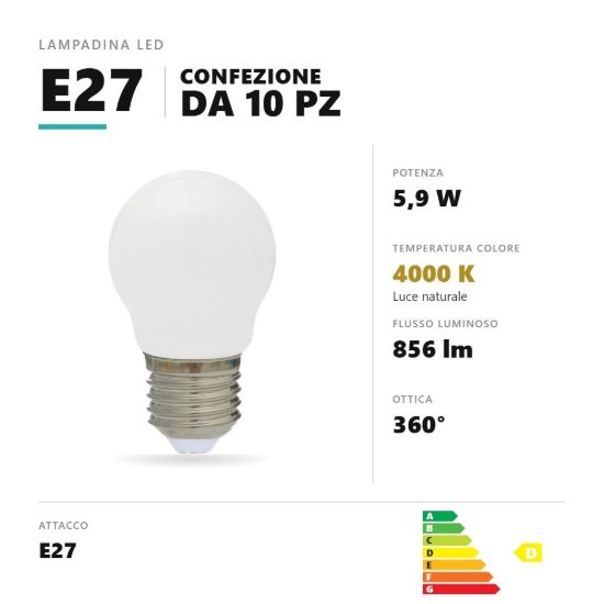 Lampadina e27 led filamento 5,9w a sfera 4000k bianco confezione 10 pezzi gea luce