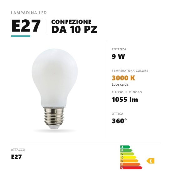 Lampadina e27 led filamento 9w a goccia 3000k dimmerabile bianco confezione 10 pezzi gea luce