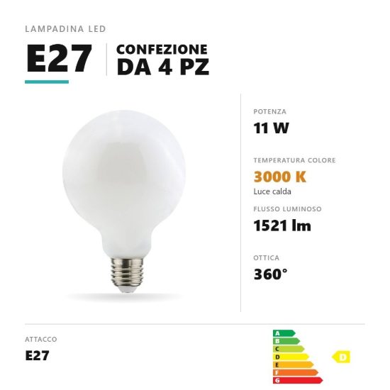 Lampadina e27 led filamento 11w a globo g95 3000k dimmerabile bianco confezione 4 pezzi gea luce