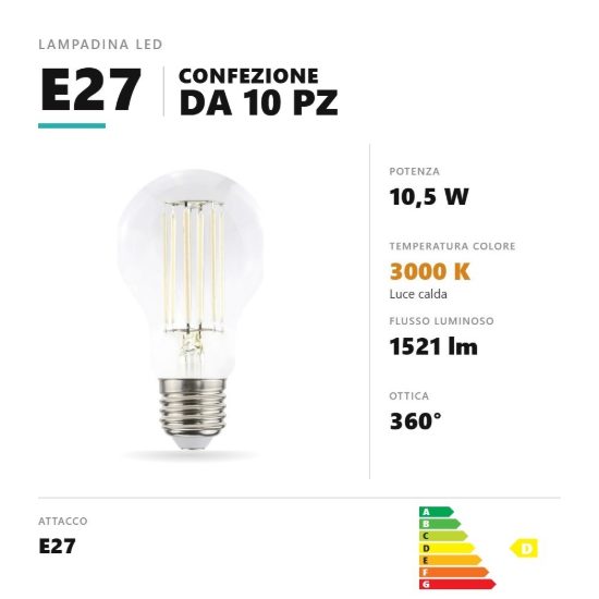 Lampadina e27 led filamento bianco 10,5w a goccia 3000k trasparente confezione 10 pezzi gea luce