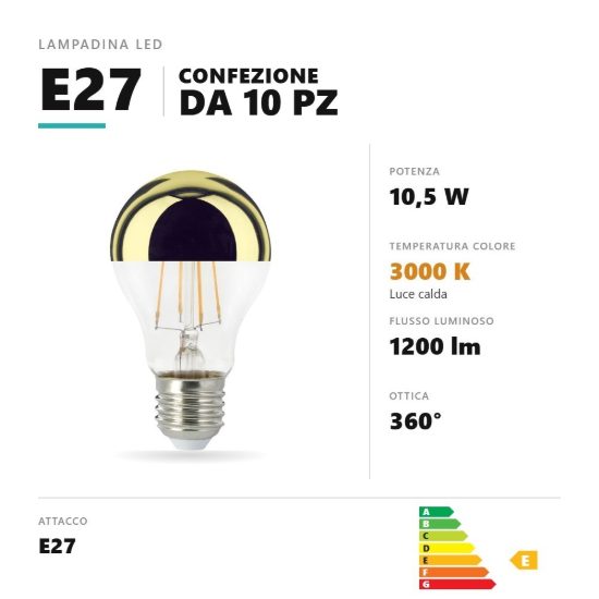Lampadina e27 led filamento 10,5w a goccia 3000k oro specchiato confezione 10 pezzi gea luce