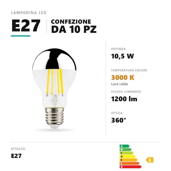 Lampadina e27 led filamento 10,5w a goccia 3000k argento specchiato confezione 10 pezzi gea luce
