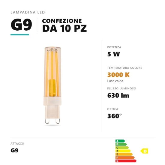 Lampadina g9 led filamento 5w a capsula 3000k trasparente confezione 10 pezzi gea luce