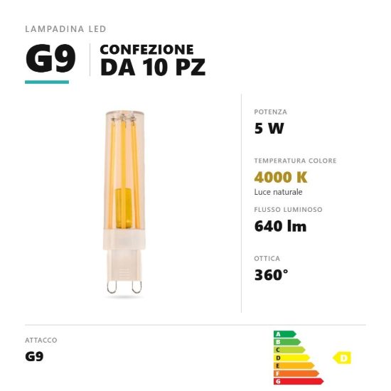 Lampadina g9 led filamento 5w a capsula 4000k trasparente confezione 10 pezzi gea luce