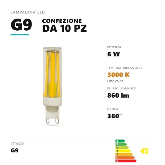 Lampadina g9 led filamento 6w a capsula 3000k trasparente confezione 10 pezzi gea luce