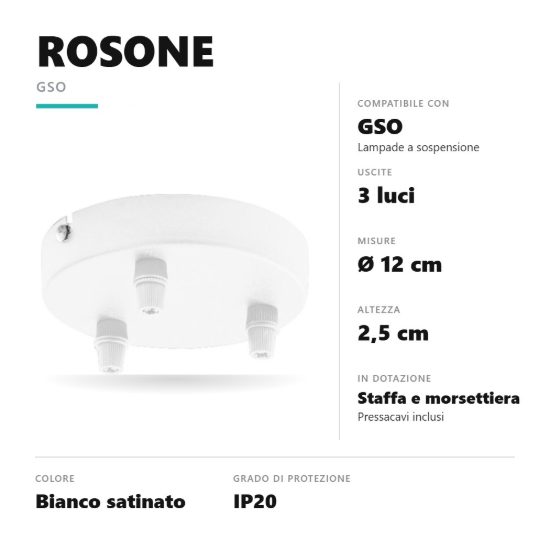 Gea luce gso rosone tondo 3 fori per lampade a sospensione bianco satinato