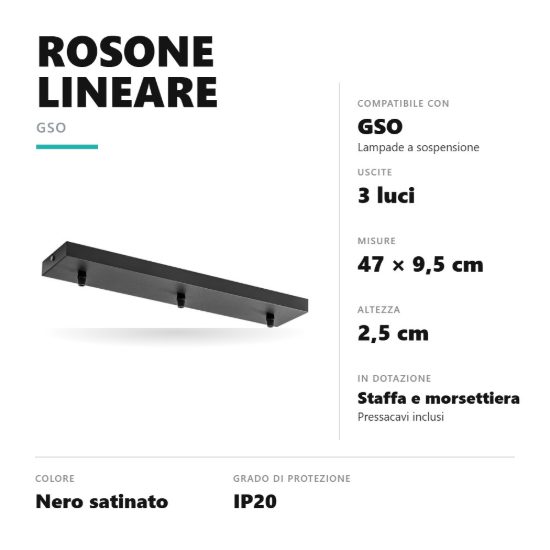 Gea luce gso rosone lineare 3 fori per lampade a sospensione nero satinato