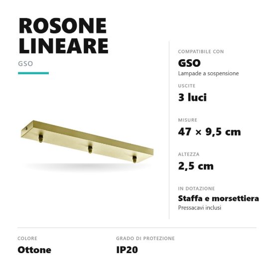 Gea luce gso rosone lineare 3 fori per lampade a sospensione ottone