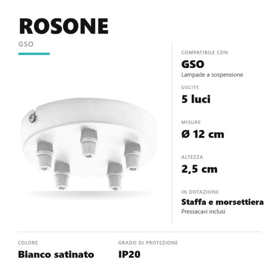 Gea luce gso rosone tondo 5 fori per lampade a sospensione bianco satinato