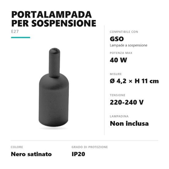 Gea luce gso portalampada lungo per lampade a sospensione nero satinato