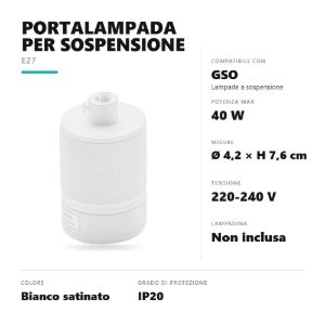 Gea luce gso portalampada corto per lampade a sospensione bianco satinato