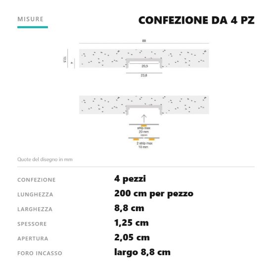 Gea luce pmapa2 profilo massa g incasso cartongesso per strisce led 2mt argento confezione 4 pezzi