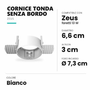 Ideal lux zeus cornice tonda senza bordo per faretti da incasso 13w bianca
