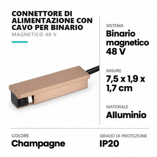 Connettore di alimentazione con cavo per binario magnetico 48v champagne