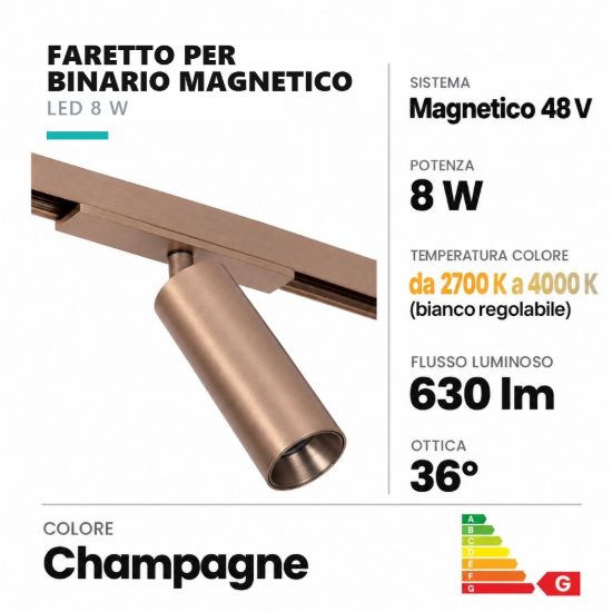 Faretto per binario magnetico cilindrico led 8w cct 2700k 4000k orientabile champagne