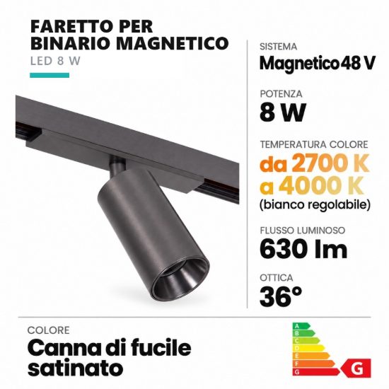 Faretto per binario magnetico cilindrico led 8w cct 2700k 4000k orientabile canna di fucile