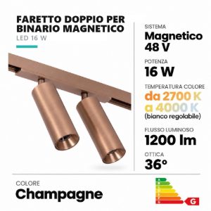 Faretto doppio per binario magnetico cilindrico led 16w cct 2700k 4000k orientabile champagne