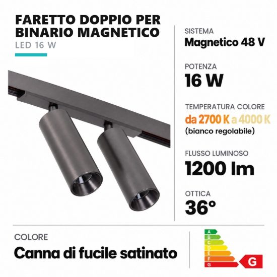 Faretto doppio per binario magnetico cilindrico led 16w cct 2700k 4000k orientabile canna di fucile