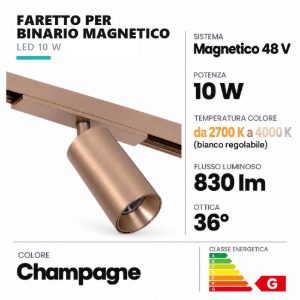 Faretto per binario magnetico cilindrico led 10w cct 2700k 4000k orientabile champagne