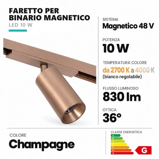 Faretto per binario magnetico cilindrico led 10w cct 2700k 4000k orientabile champagne
