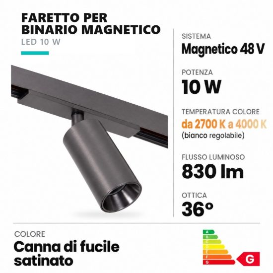 Faretto per binario magnetico cilindrico led 10w cct 2700k 4000k orientabile canna di fucile