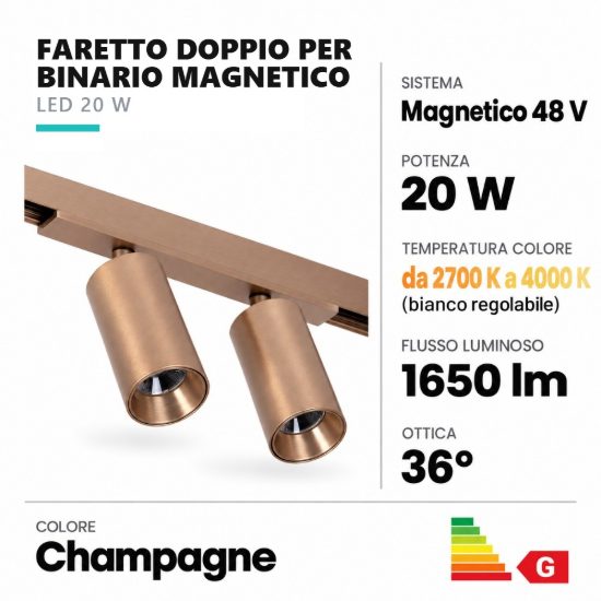 Faretto doppio per binario magnetico cilindrico led 20w cct 2700k 4000k orientabile champagne