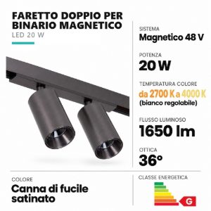 Faretto doppio per binario magnetico cilindrico led 20w cct 2700k 4000k orientabile canna di fucile