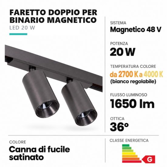 Faretto doppio per binario magnetico cilindrico led 20w cct 2700k 4000k orientabile canna di fucile
