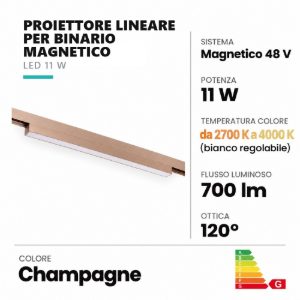 Proiettore lineare per binario magnetico diffuso led 11w cct 2700k 4000k champagne