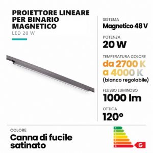 Proiettore lineare per binario magnetico diffuso led 20w cct 2700k 4000k canna di fucile