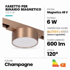 Faretto per binario magnetico a disco led 6w cct 2700k 4000k champagne