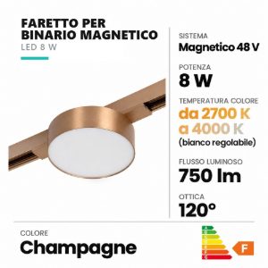 Faretto per binario magnetico a disco led 8w cct 2700k 4000k champagne
