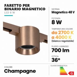 Faretto per binario magnetico a tamburo led 8w cct 2700k 4000k champagne