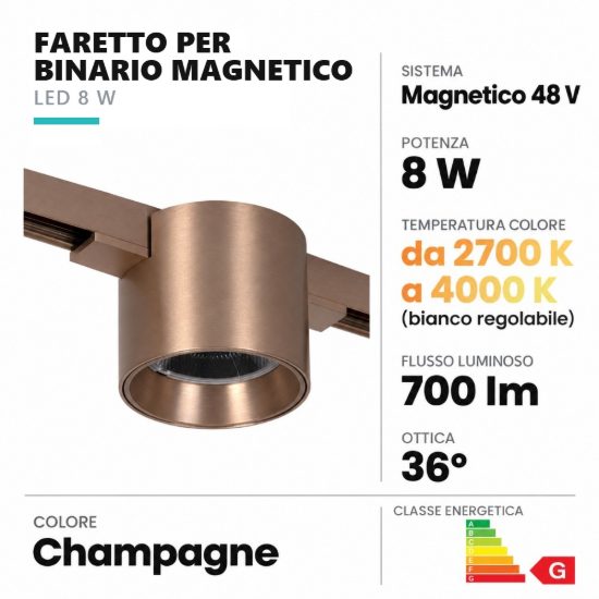 Faretto per binario magnetico a tamburo led 8w cct 2700k 4000k champagne