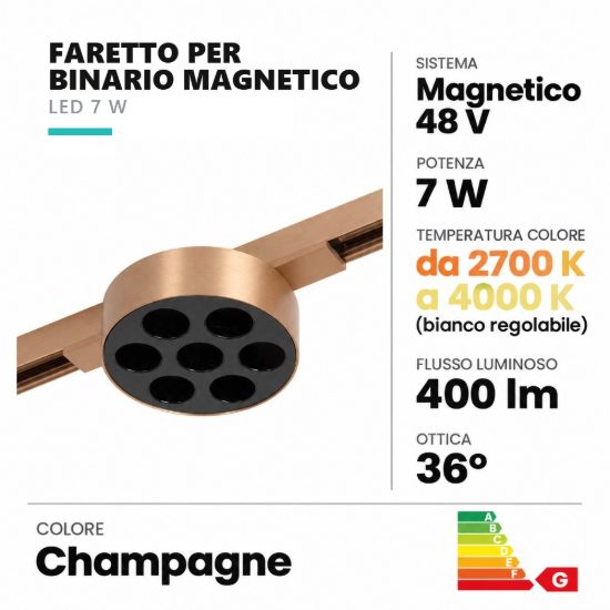 Faretto per binario magnetico con 7 ottiche led 7w cct 2700k 4000k champagne