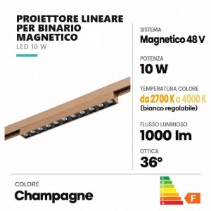 Proiettore lineare per binario magnetico con ottiche led 10w cct 2700k 4000k champagne