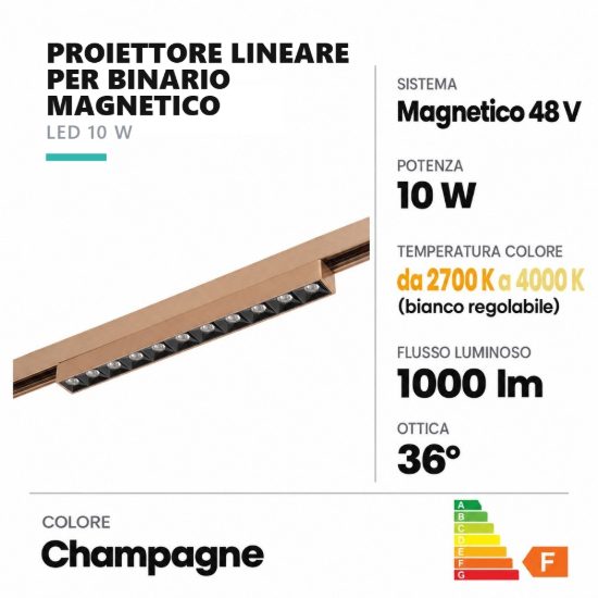 Proiettore lineare per binario magnetico con ottiche led 10w cct 2700k 4000k champagne