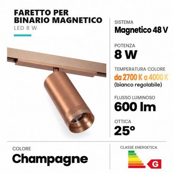 Faretto a fascio stretto per binario magnetico led 8w cct 2700k 4000k orientabile champagne