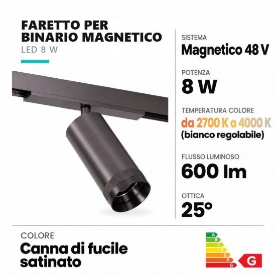 Faretto a fascio stretto per binario magnetico led 8w cct 2700k 4000k orientabile canna di fucile
