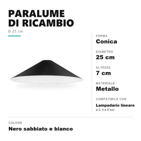 Paralume conico di ricambio per lampadario a sospensione lineare nero sabbiato e bianco