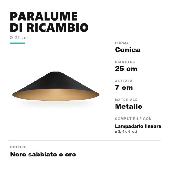 Paralume conico di ricambio per lampadario a sospensione lineare nero sabbiato e oro