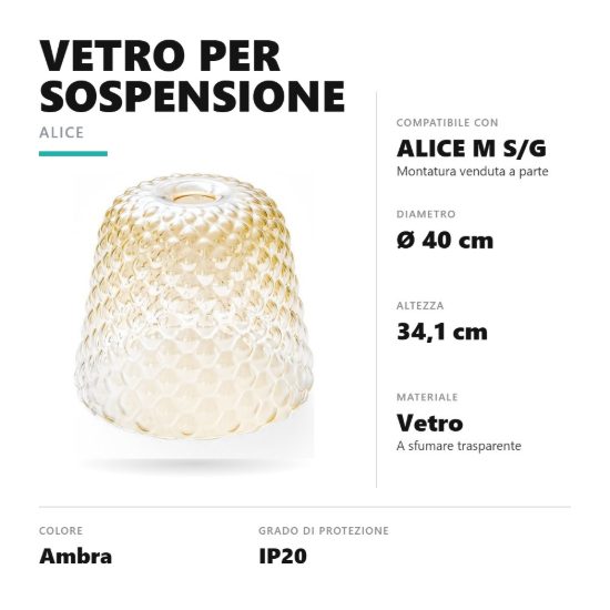 Gea luce alice diffusore grande in vetro per lampade a sospensione conico ambra