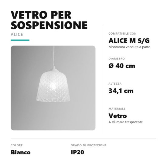 Gea luce alice diffusore grande in vetro per lampade a sospensione conico bianco