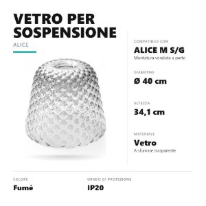 Gea luce alice diffusore grande in vetro per lampade a sospensione conico fume