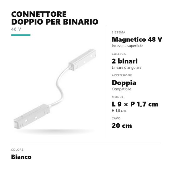 Gea luce gbic11 connettore doppio con cavo per binario magnetico 48v bianco