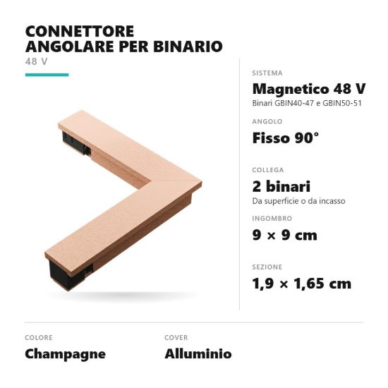 Gea luce gbic30 connettore angolare 90° per binario magnetico 48v champagne