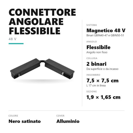 Gea luce gbic36 connettore angolare flessibile per binario magnetico 48v nero satinato