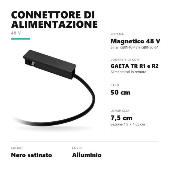 Gea luce gbic48 connettore di alimentazione in remoto per binario magnetico 48v nero satinato