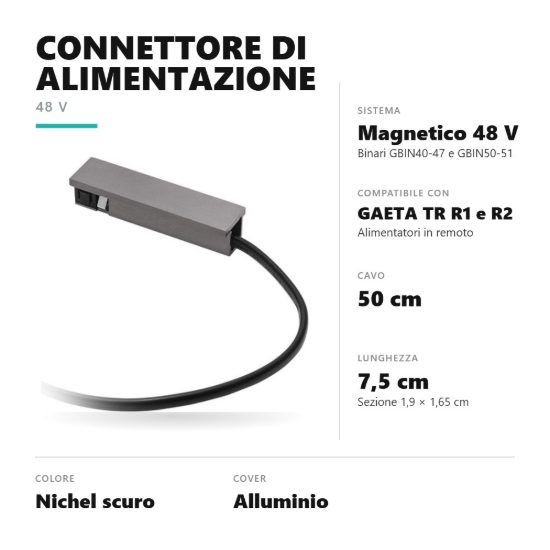 Gea luce gbic48 connettore di alimentazione in remoto per binario magnetico 48v nichel scuro